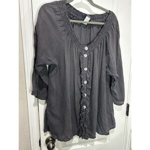 Match Point Grey Ruffled Linen Button Front Shirt Top Sz M Boho Fairy